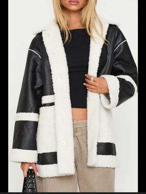 Princess Polly Lexie Black and White Faux Leather Teddy Coat